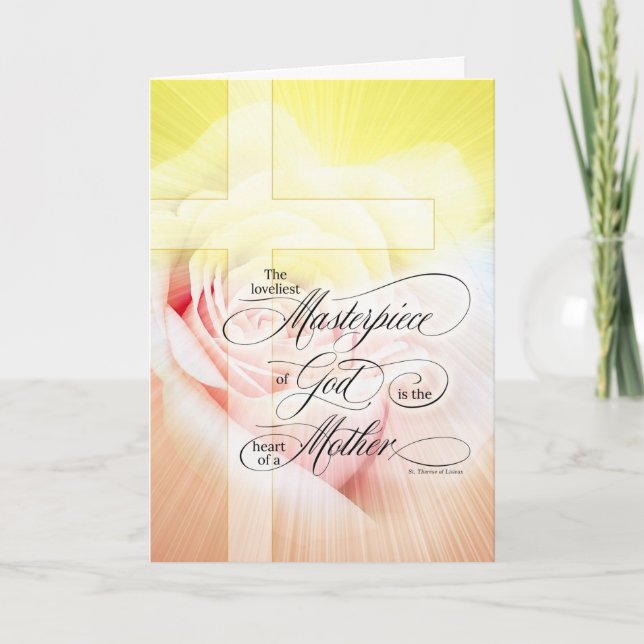 Tarjeta Festiva Rosa rosa y cruz del Día de la Madre Cristiana (Anverso)