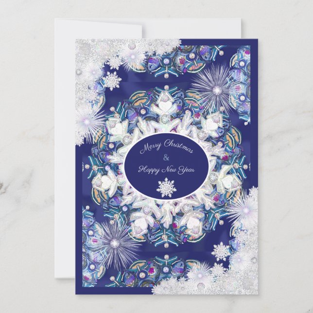 Tarjeta Festiva Rosada azul y copo de nieve (Anverso)