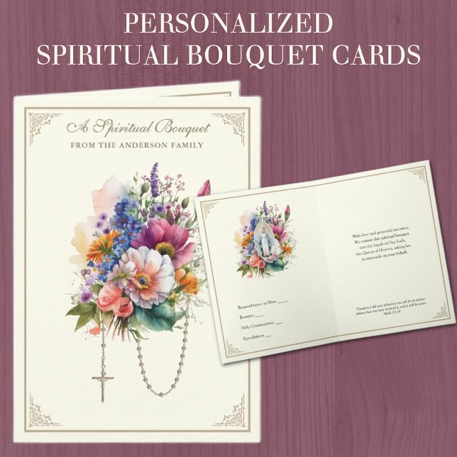 Tarjeta Festiva Rosario Espiritual de Oración Espiritual Católica (Traditional Catholic Spiritual Bouquet Prayer Cards with Holy Rosary and Our Lady of Grace)