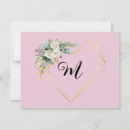 Tarjeta Festiva Rosas Blancas Rosadas Vintage Corazón Dorado Monog