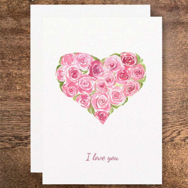 Tarjeta Festiva Rosas de acuarela pintados a mano Día de San Valen (My hand painted watercolor Valentine’s Day card, pink roses in heart shape. I love you custom script)
