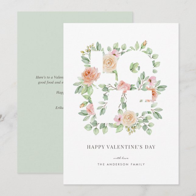 Tarjeta Festiva Rosas de acuarela y El día de San Valentín de AMOR (Anverso / Reverso)