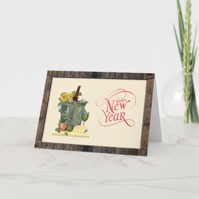 Tarjeta Festiva Rosas de champaña de vinos Feliz Año Nuevo (Anverso)