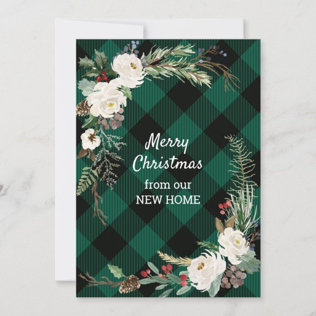 Tarjeta Festiva Rosas de Navidades blancos búfalo verde en casa nu (Anverso)