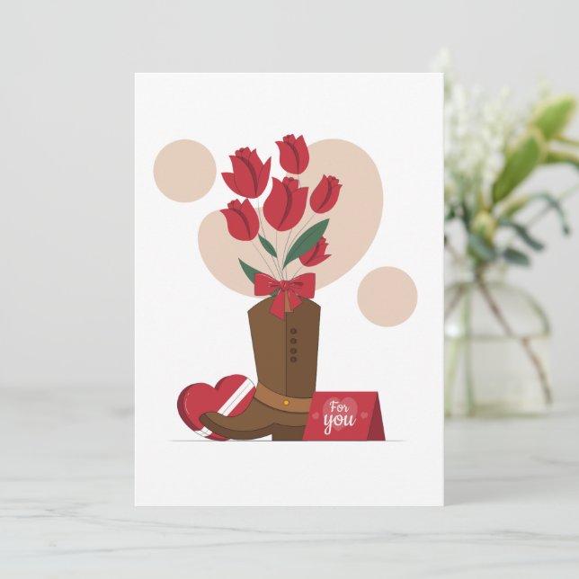 Tarjeta Festiva Rosas de San Valentín Bota de Vaquero (Anverso de pie)