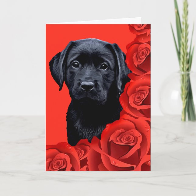 Tarjeta Festiva Rosas de San Valentín - Labrador - Laboratorio Neg (Anverso)