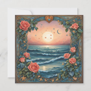 Tarjeta Festiva Rosas Dos lunas Ocean Seashells Valentine