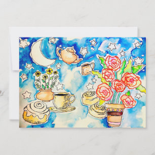 Tarjeta Festiva rosas naranjas con diseño de cafeteras, cielo estr