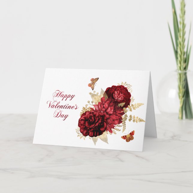 Tarjeta Festiva Rosas Red Gold Floral Mariposa Valentine (Anverso)