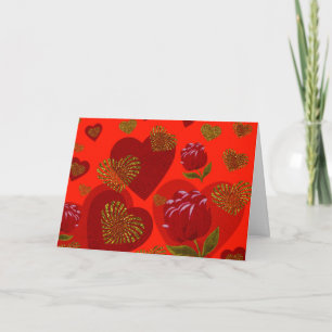 Tarjeta Festiva Rosas rojas doradas corazón de San Valentín sobre