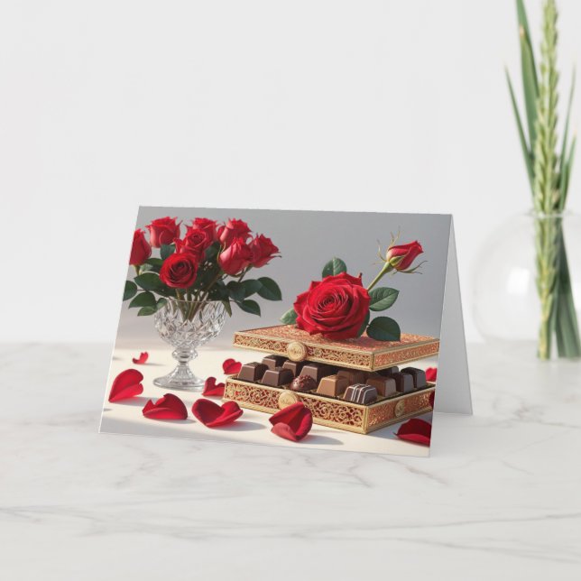 Tarjeta Festiva Rosas rojas el día de San Valentín, dulces (Anverso)