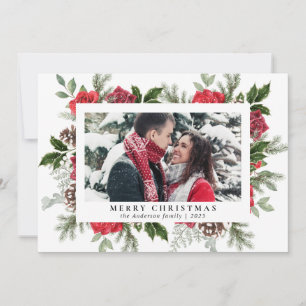 Tarjeta Festiva Rosas Rojas Florales Simples   Foto Familiar Navid