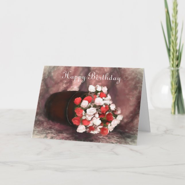Tarjeta Festiva Rosas rojas y rosas rosadas en un barril (Anverso)