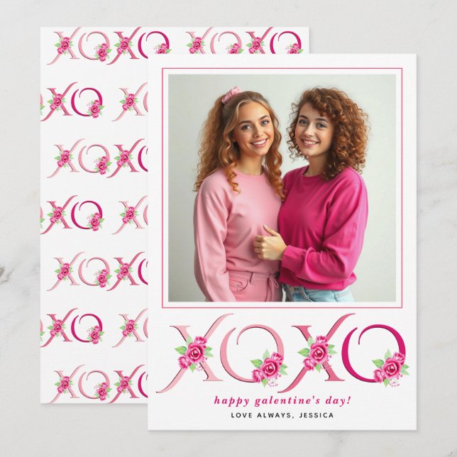 Tarjeta Festiva Rosas rosa floral XOXO Galentinas Día foto (Anverso / Reverso)