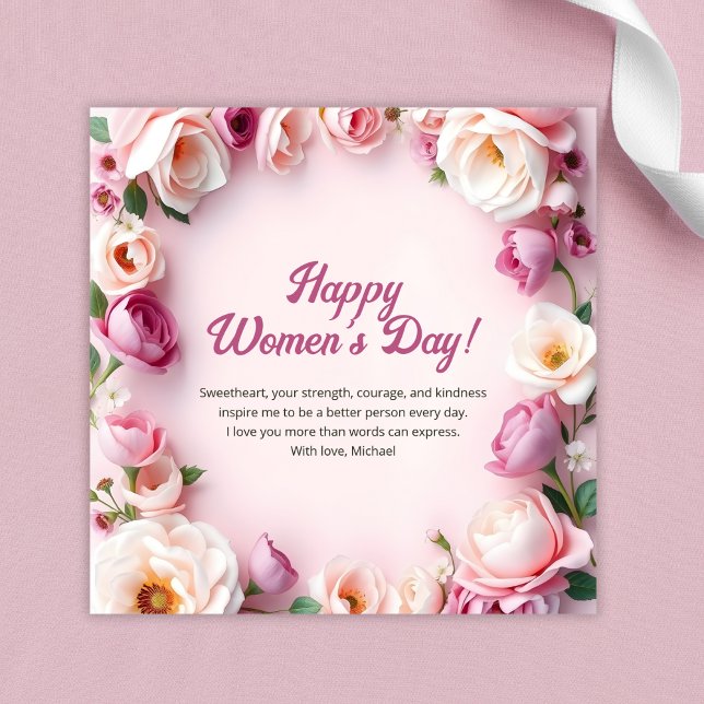 Tarjeta Festiva Rosas rosadas florales 8 de marzo Día Internaciona (Pink Roses Floral 8 March International Women Day Holiday Card Template)