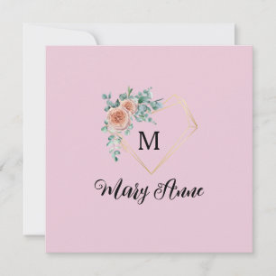 Tarjeta Festiva Rosas Rosadas Vintage Corazón Dorado Monograma y N