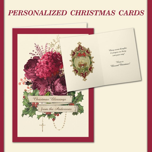 Tarjeta Festiva Rosas Rosarios Católicos Niño Religioso Jesús (TRADITIONAL CATHOLIC VINTAGE CHRISTMAS CARD WITH HOLY ROSARY AND BABY JESUS )