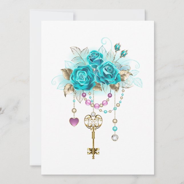 Tarjeta Festiva Rosas turquesas con llaves (Anverso)