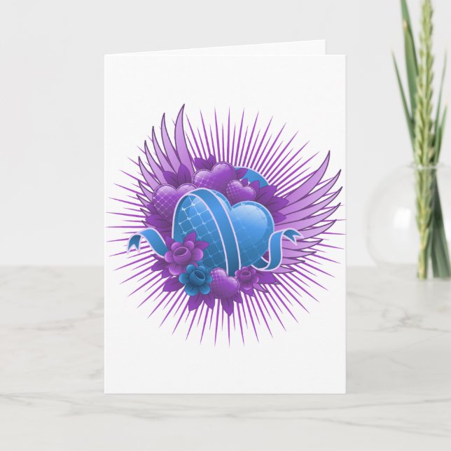 Tarjeta Festiva Rosas y alas del corazón azul (Anverso)