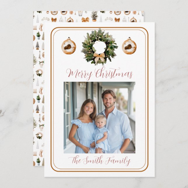 Tarjeta Festiva Rose Gold Classic Wreath Grandmillennial Photo (Anverso / Reverso)