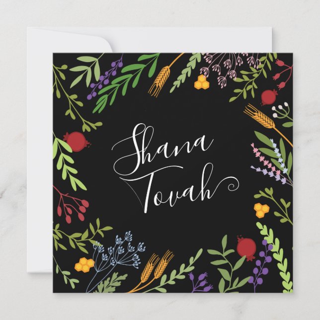 Tarjeta Festiva Rosh Hashanah Año Nuevo judío Shana Tovah en negro (Anverso)