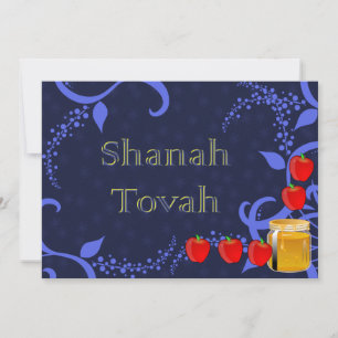 Tarjeta Festiva Rosh Hashanah Apples and Honey Blue Flat Card