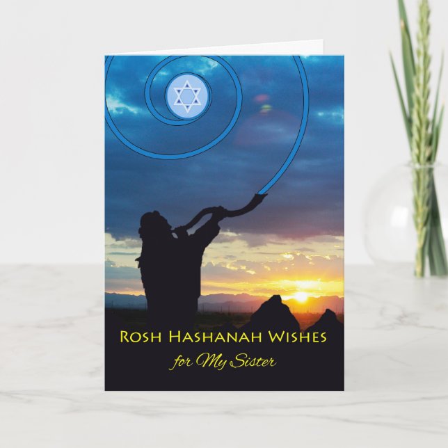 Tarjeta Festiva Rosh Hashanah para hermana, Shofar Horn y Sky (Anverso)