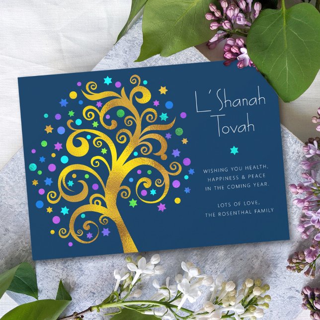 Tarjeta Festiva Rosh Hashanah Relieve metalizado dorado Árbol de l (Subido por el creador)