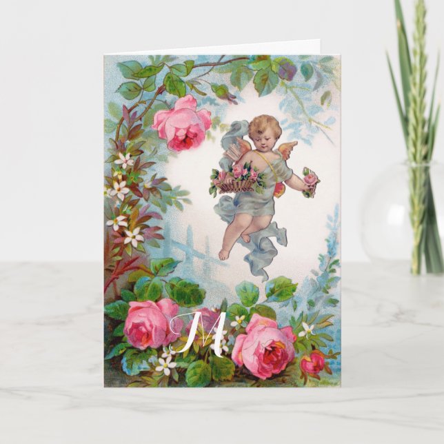 TARJETA FESTIVA ROSOS Y FLORES ROMÁNTICOS DE ÁNGEL ROMÁNTICO (Anverso)