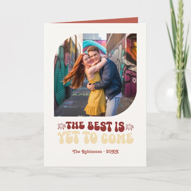 Tarjeta Festiva Rosso & Cream Champagne Retro New Year Photo (Anverso)