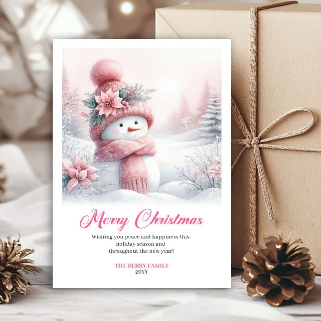 Tarjeta Festiva Rosy snowy pink snowman kids card digital editable (Rosy snowy pink snowman kids card digital editable)
