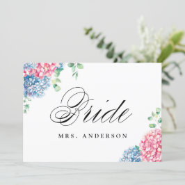 Tarjeta Festiva Rótulo Boda de Hidrangeas Rosa y Azul