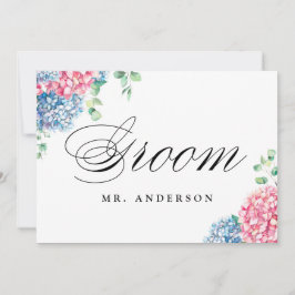Tarjeta Festiva Rótulo Boda de Hydrangeas Groom rosa y azul