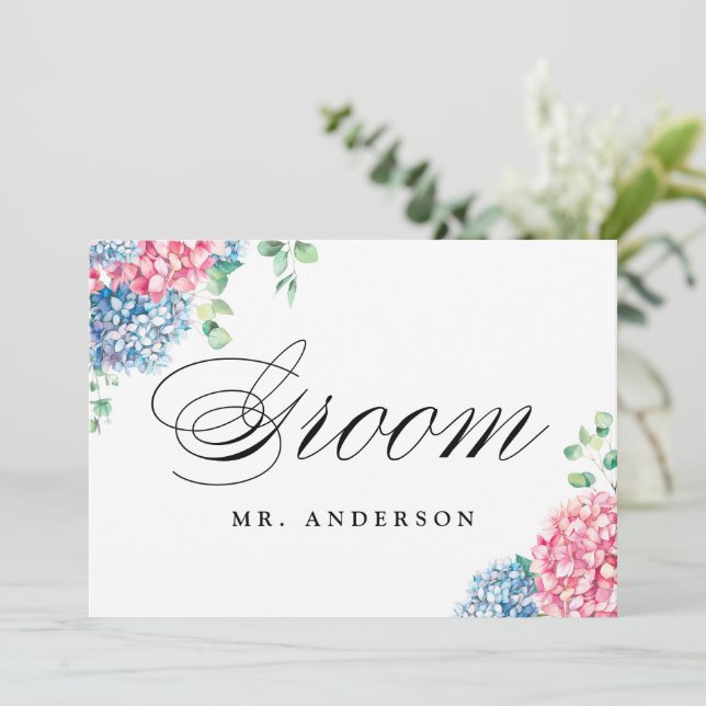 Tarjeta Festiva Rótulo Boda de Hydrangeas Groom rosa y azul (Anverso de pie)