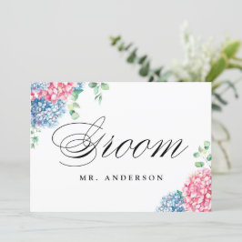 Tarjeta Festiva Rótulo Boda de Hydrangeas Groom rosa y azul