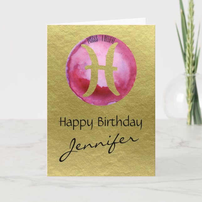 Tarjeta Festiva Rótulo Magenta Zodiac Pisos sobre fondo de oro (Anverso)