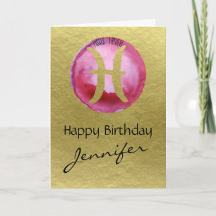 Tarjeta Festiva Rótulo Magenta Zodiac Pisos sobre fondo de oro