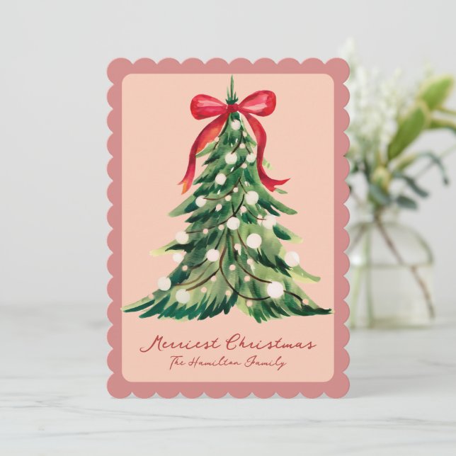 Tarjeta Festiva Rouge Coquette Ornate Rococo Bow Christmas tree (Anverso de pie)