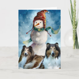 Tarjeta Festiva Rough Collie con Navidades Snowman