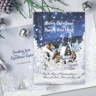 Tarjeta Festiva Rough Collies & Lambs in Magic Christmas Night - H