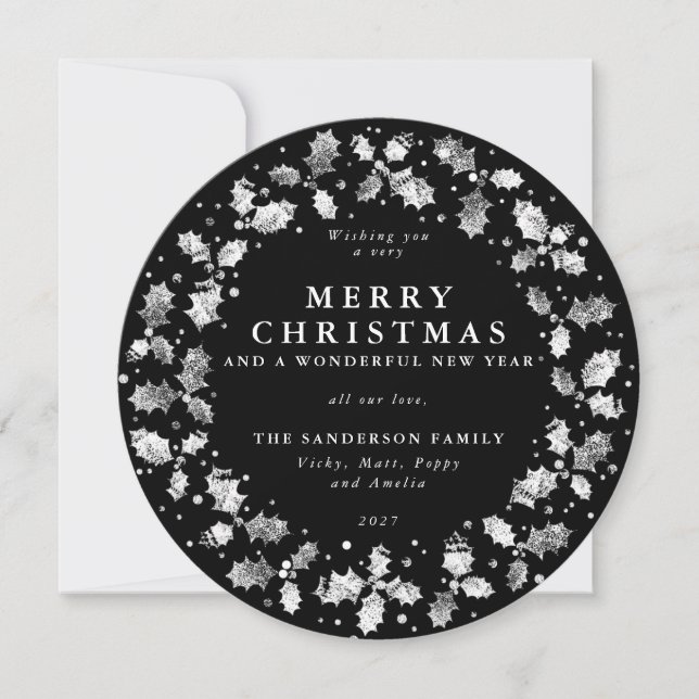 Tarjeta Festiva Round Black Merry Christmas Holly Wreath (Anverso)