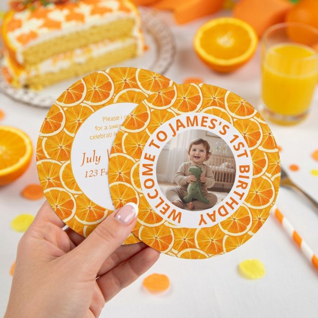 Tarjeta Festiva Round Custom Photo & Citrus Birthday Invitation (Subido por el creador)