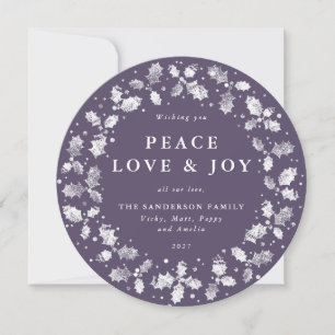 Tarjeta Festiva Round Purple Holly Wreath Peace Love + Joy
