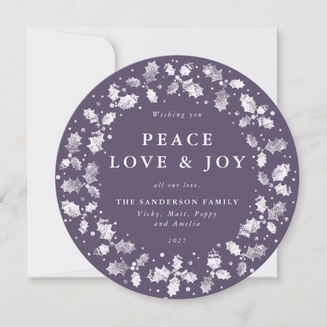 Tarjeta Festiva Round Purple Holly Wreath Peace Love + Joy (Anverso)
