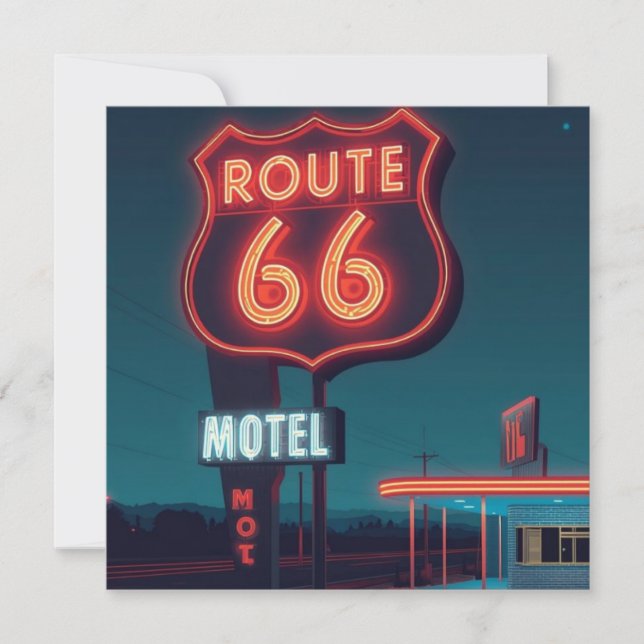 Tarjeta Festiva Route 66 Neon Motel Night Travel Art (Anverso)