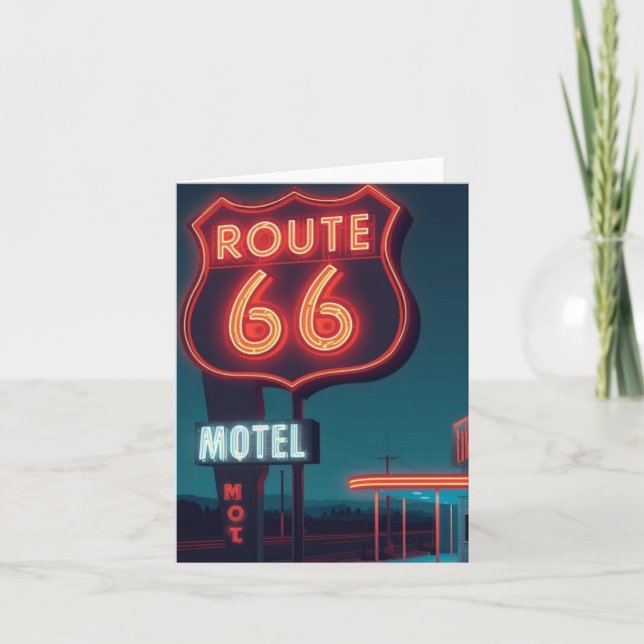 Tarjeta Festiva Route 66 Neon Motel Night Travel Art (Anverso)