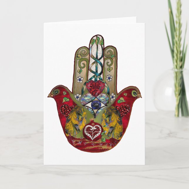 Tarjeta Festiva Ruby Pomegranate Heart Red Bird Hamsa (Anverso)