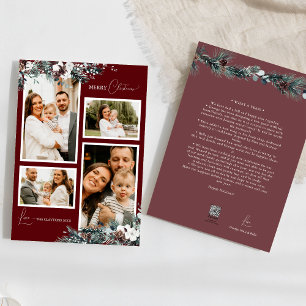 Tarjeta Festiva Ruby Red Greenery Vintage Cuatro Collages de fotos