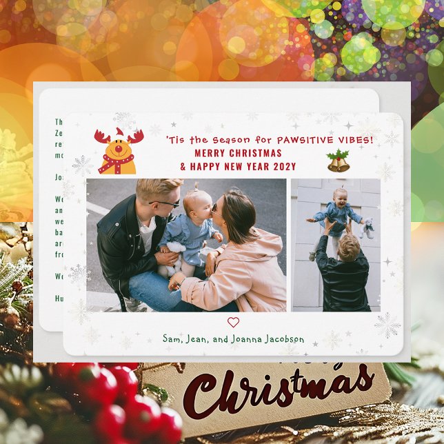 Tarjeta Festiva Rudolph curioso 2 fotos Minimalista moderno (Cute Funny Rudolph Pawsitive Vibes Merry Christmas Happy New Year 'Tis the Season 2 Photos Letter)