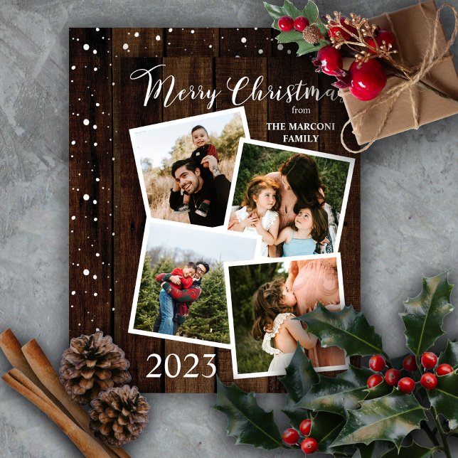 Tarjeta Festiva Russy Woodsy Faux Wood Merry Christmas 4 Photo (Wish them "Merry Christmas" in country rustic style with this faux wood 4-photo design!)